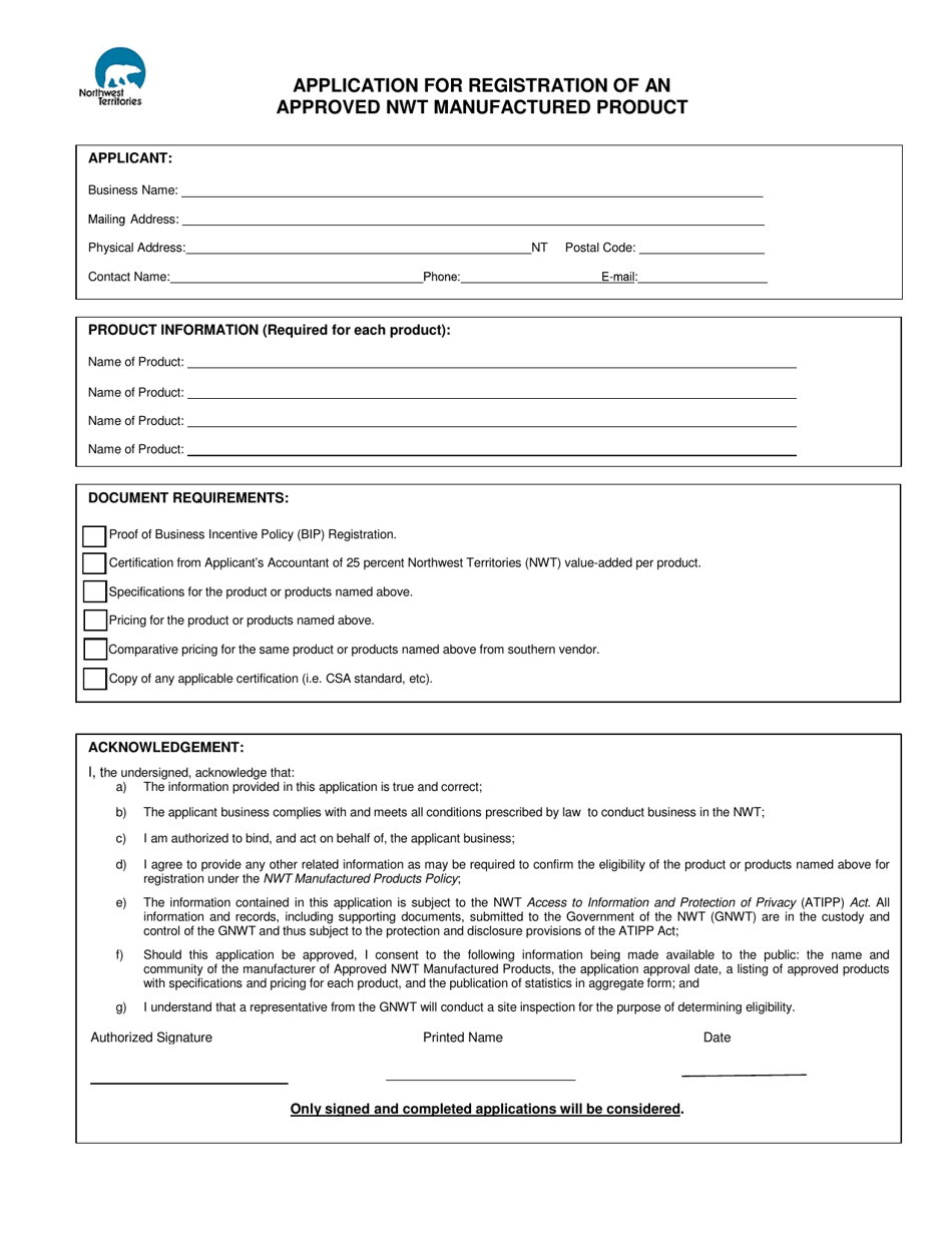 Application for Registration of an Approved Nwt Manufactured Product - Northwest Territories, Canada, Page 1