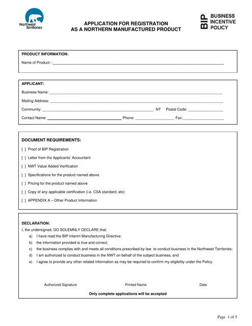 Application for Registration as a Northern Manufactured Product - Northwest Territories, Canada
