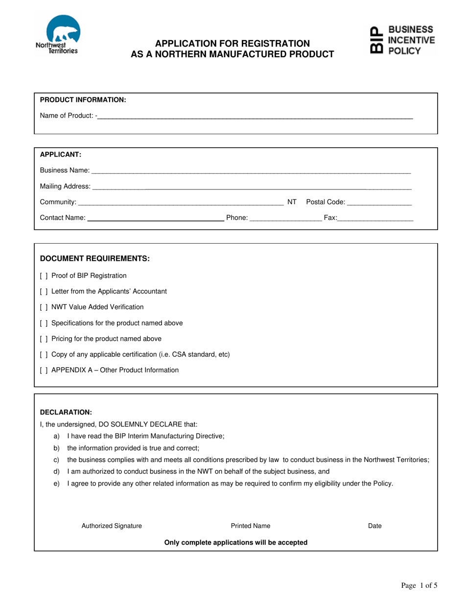 Application for Registration as a Northern Manufactured Product - Northwest Territories, Canada, Page 1