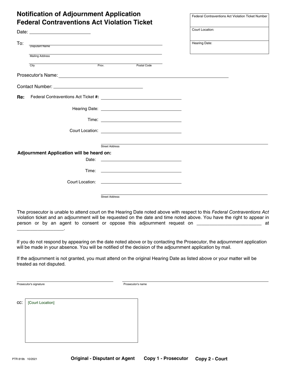 Form PTR819B Notification of Adjournment Application Federal Contraventions Act Violation Ticket - British Columbia, Canada, Page 1
