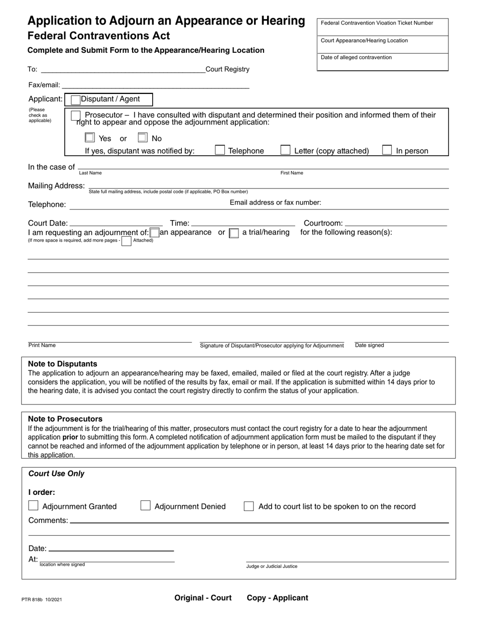 Form PTR818B Application to Adjourn an Appearance or Hearing - British Columbia, Canada, Page 1