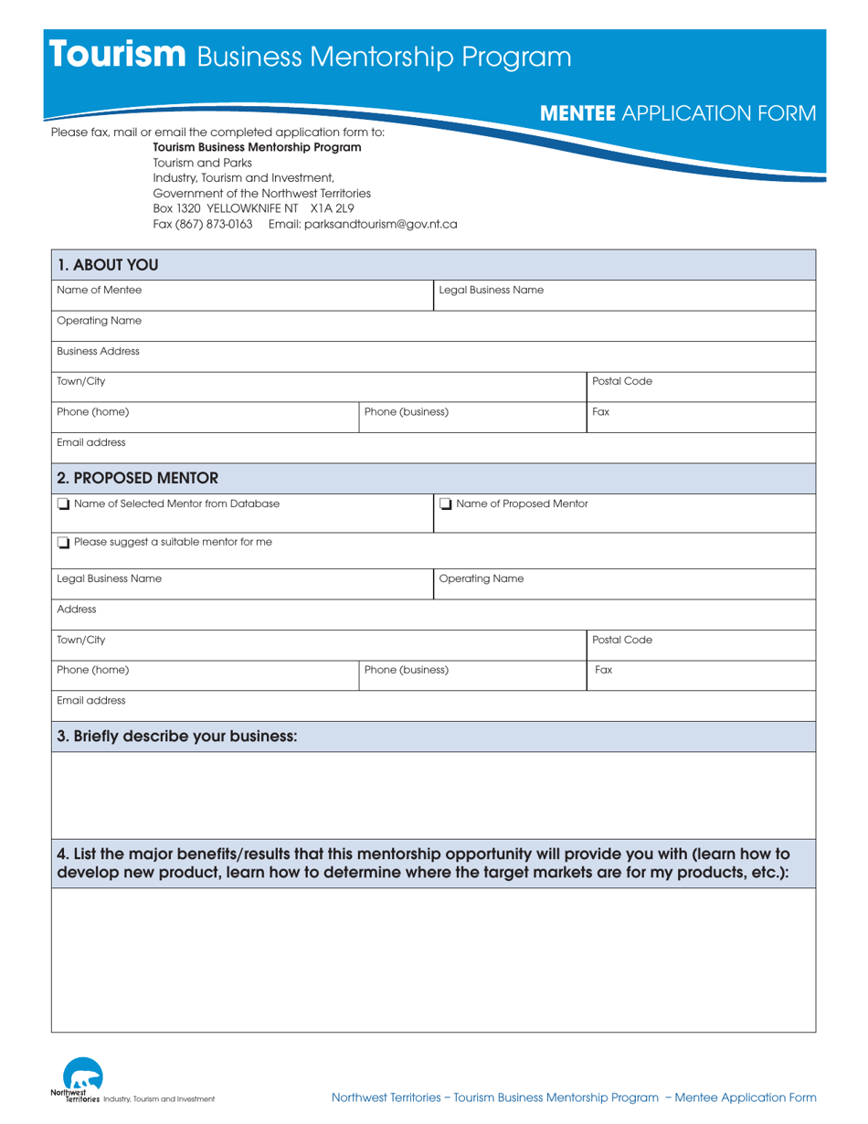 Tourism Business Mentorship Program - Mentee Application Form - Northwest Territories, Canada, Page 1
