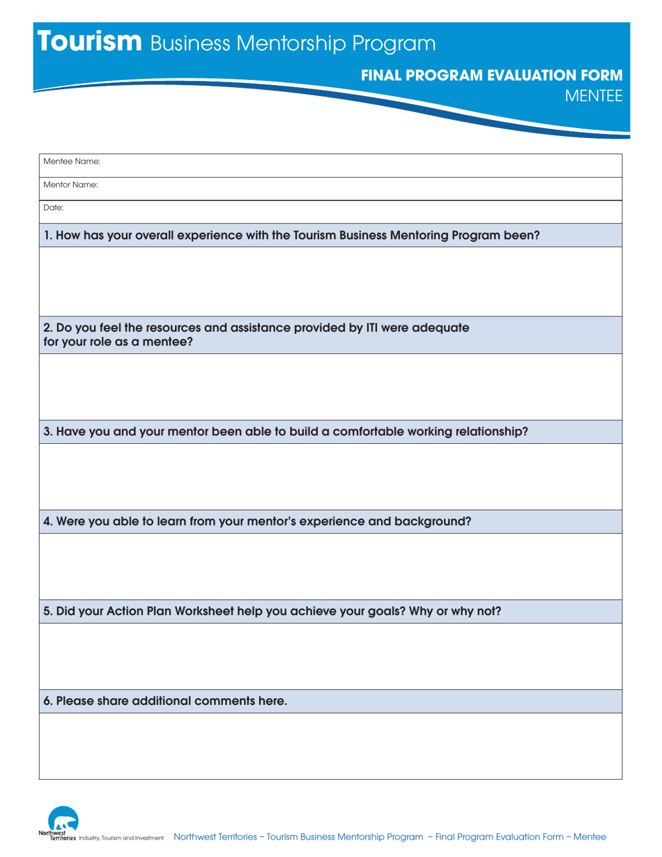 Tourism Business Mentorship Program Final Program Evaluation Form - Northwest Territories, Canada, Page 1
