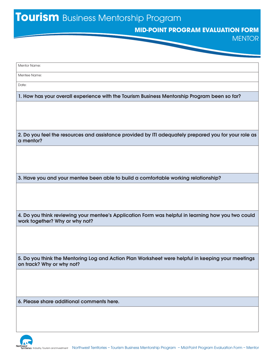 Tourism Business Mentorship Program Mid-point Program Evaluation Form - Northwest Territories, Canada, Page 1