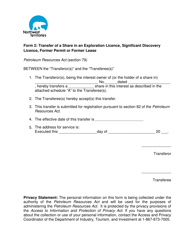 Form 2 Transfer of a Share in an Exploration Licence, Significant Discovery Licence, Former Permit or Former Lease - Northwest Territories, Canada