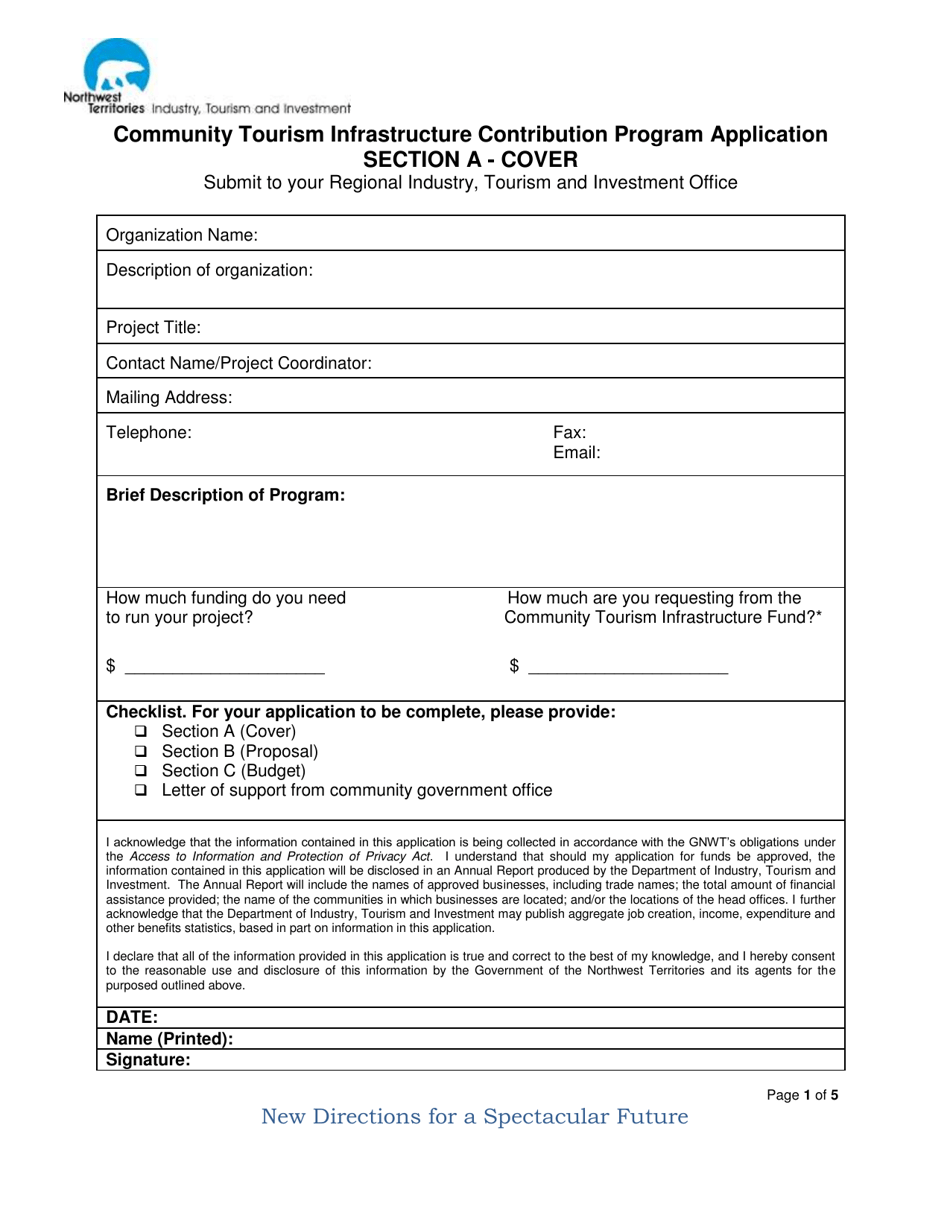 Community Tourism Infrastructure Contribution Program Application - Northwest Territories, Canada, Page 1