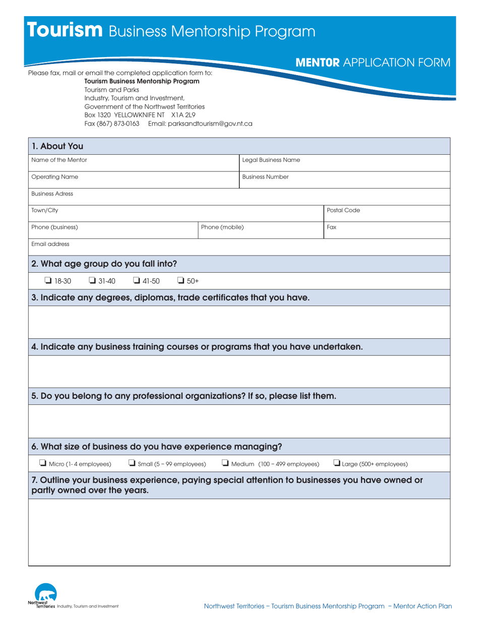 Mentor Application Form - Northwest Territories, Canada, Page 1