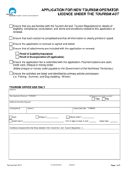 Form LTO-DB 20120704 Application for New Tourism Operator Licence Under the Tourism Act - Northwest Territories, Canada