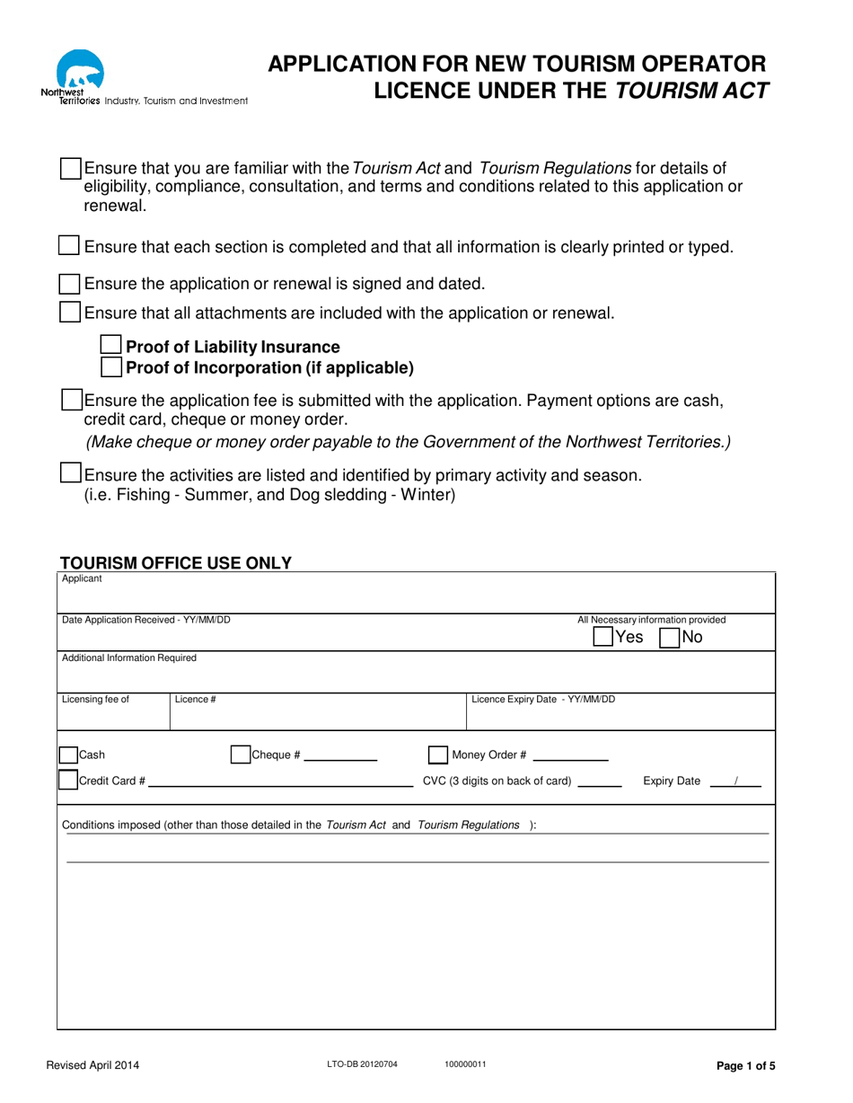 Form LTO-DB 20120704 Application for New Tourism Operator Licence Under the Tourism Act - Northwest Territories, Canada, Page 1