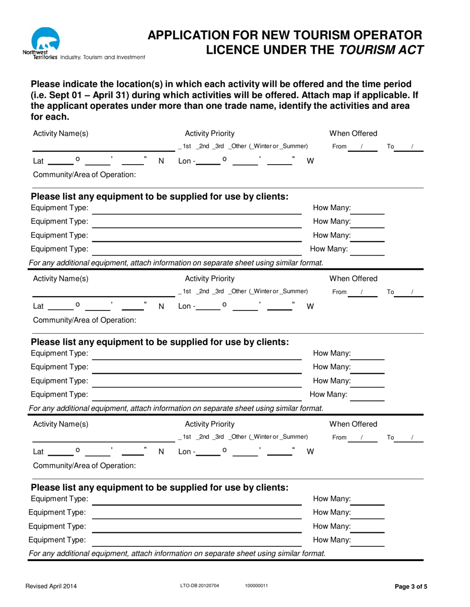 Form LTO-DB 20120704 Application for New Tourism Operator Licence Under the Tourism Act - Northwest Territories, Canada, Page 3