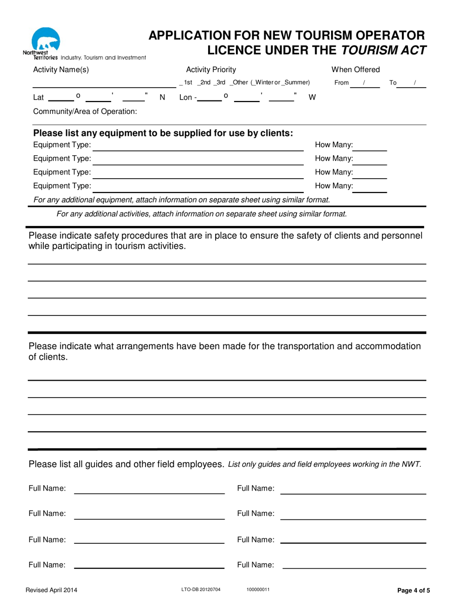 Form LTO-DB 20120704 Application for New Tourism Operator Licence Under the Tourism Act - Northwest Territories, Canada, Page 4