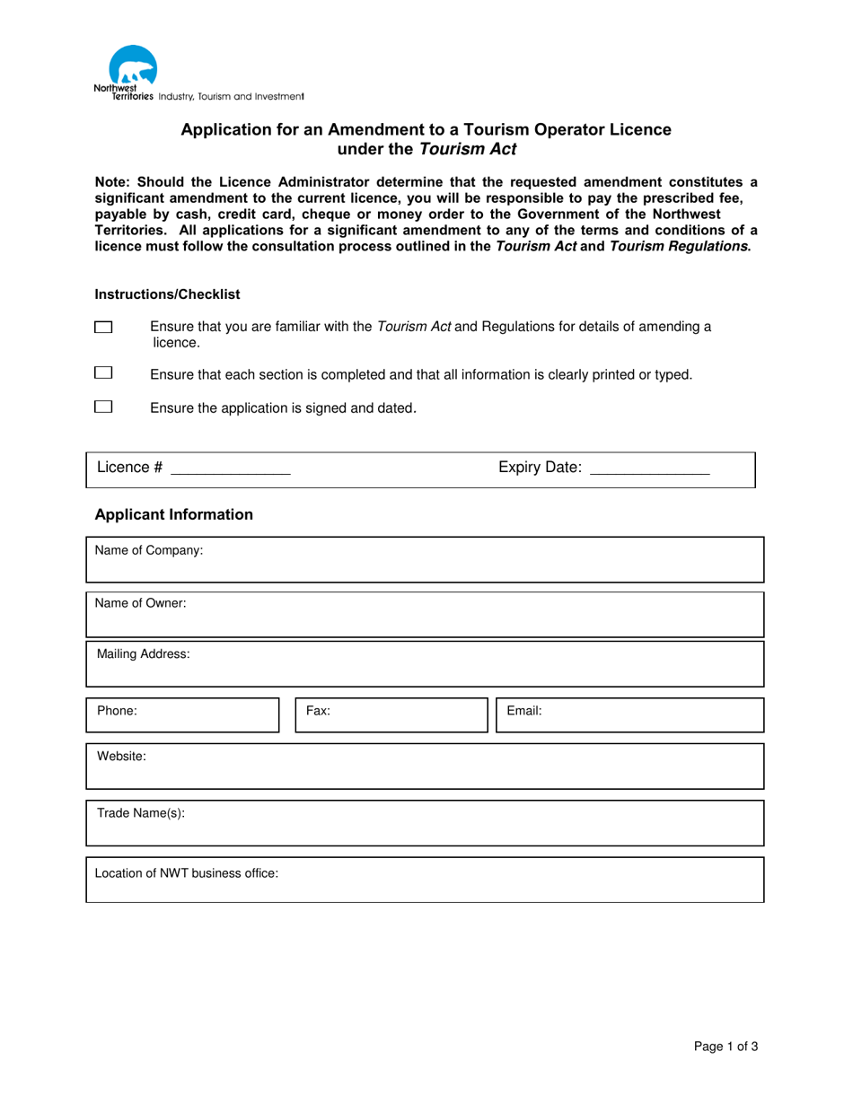Application for an Amendment to a Tourism Operator Licence Under the Tourism Act - Northwest Territories, Canada, Page 1