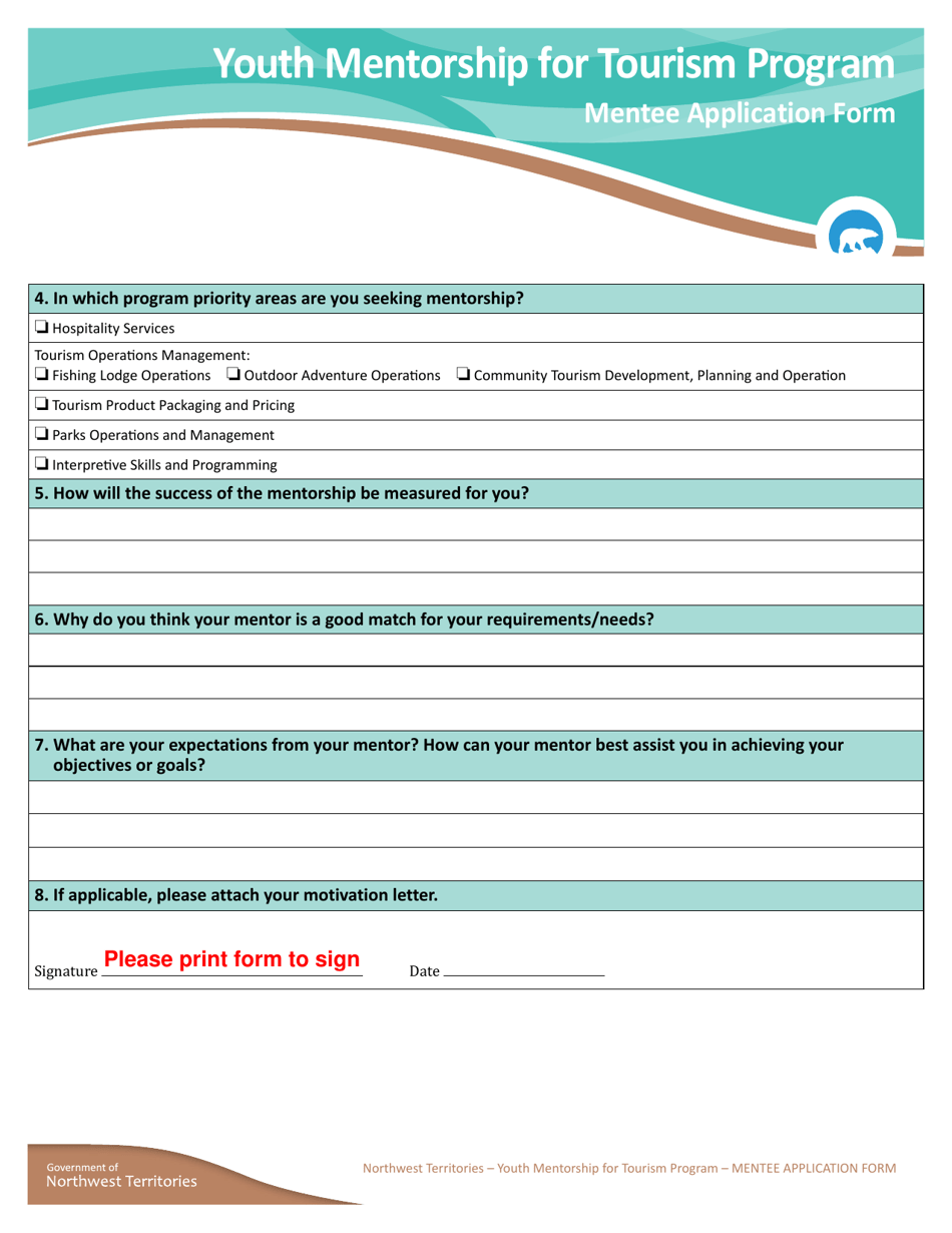 Youth Mentorship Program Program Application Form - Mentee - Northwest Territories, Canada, Page 2