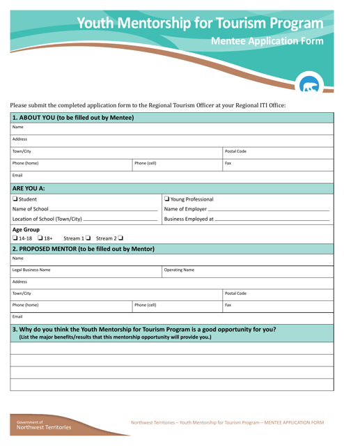 Youth Mentorship Program Program Application Form - Mentee - Northwest Territories, Canada Download Pdf