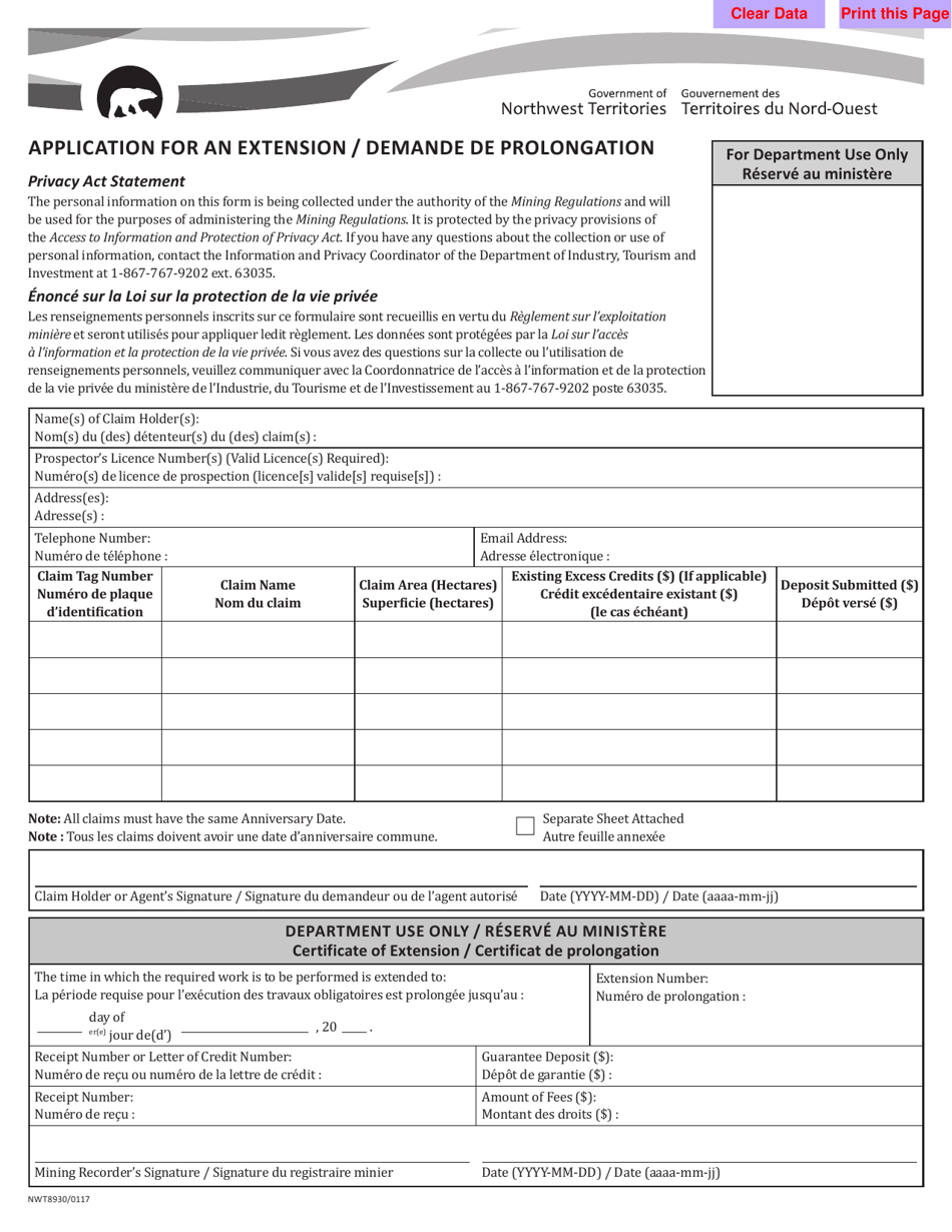 Form NWT8930 Application for an Extension / Demande De Prolongation - Northwest Territories, Canada (English / French), Page 1