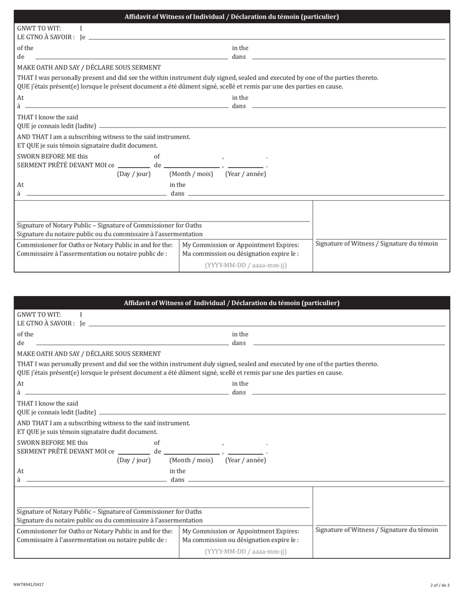 Form NWT8941 Notice of Cancellation - Northwest Territories, Canada (English / French), Page 2