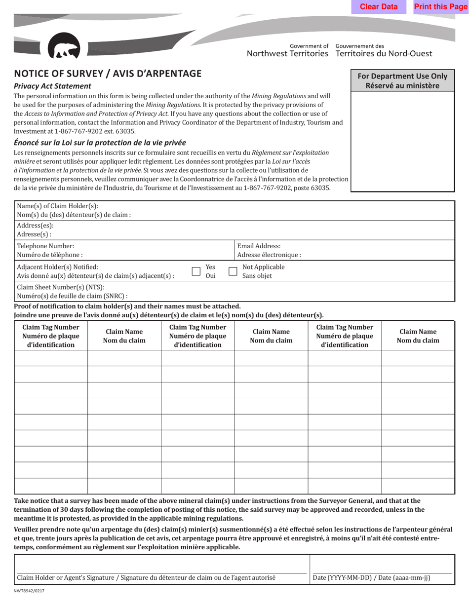 Form NWT8942 Notice of Survey - Northwest Territories, Canada (English / French), Page 1