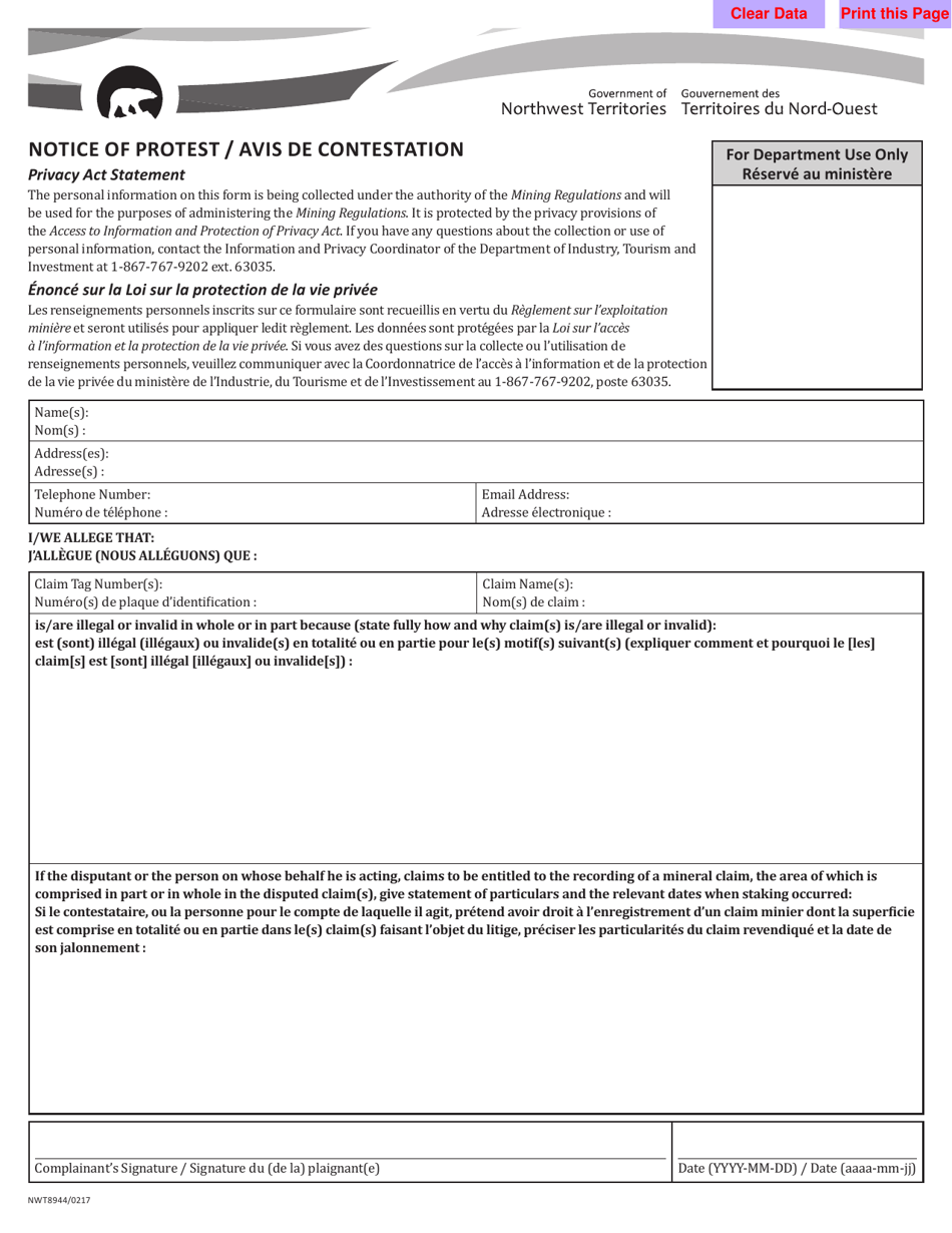Form NWT8944 Notice of Protest - Northwest Territories, Canada (English / French), Page 1