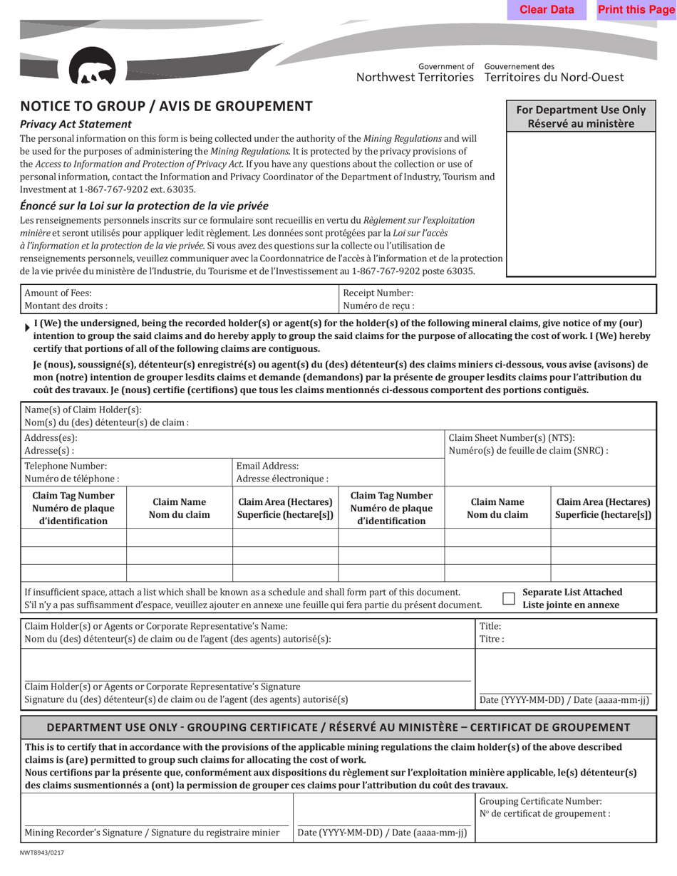Form NWT8943 Notice to Group - Northwest Territories, Canada (English/French), Page 1
