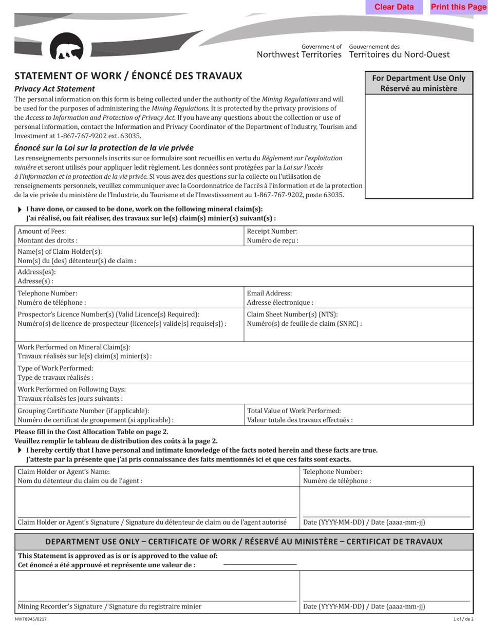 Form NWT8945 Statement of Work - Northwest Territories, Canada (English / French), Page 1