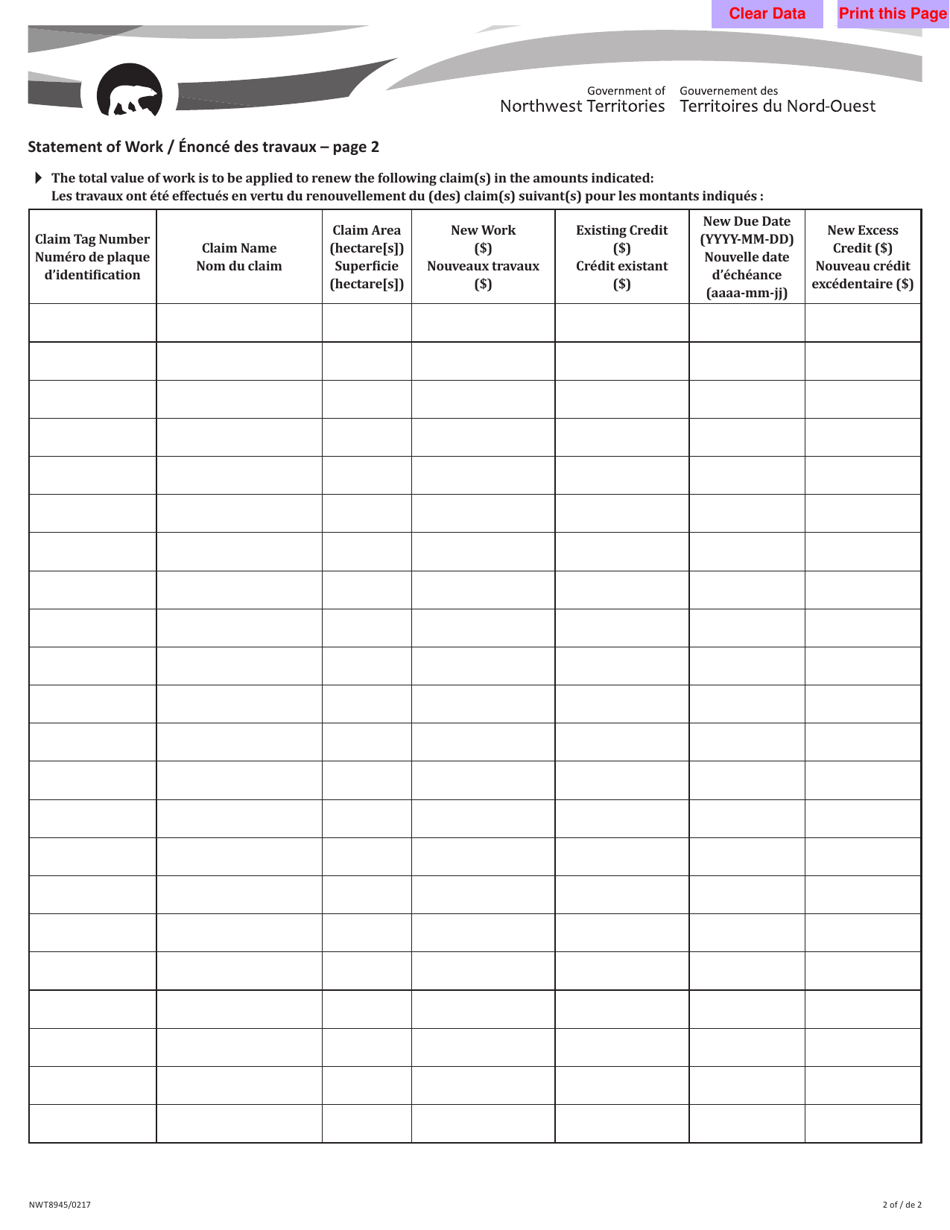 Form NWT8945 Statement of Work - Northwest Territories, Canada (English / French), Page 2