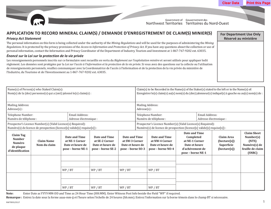 Form NWT8931 Application to Record Mineral Claim(S) - Northwest Territories, Canada (English / French), Page 1