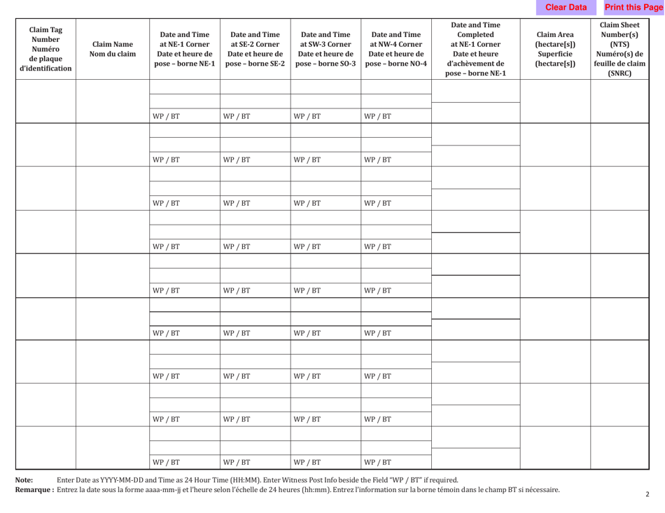 Form NWT8931 Application to Record Mineral Claim(S) - Northwest Territories, Canada (English / French), Page 2