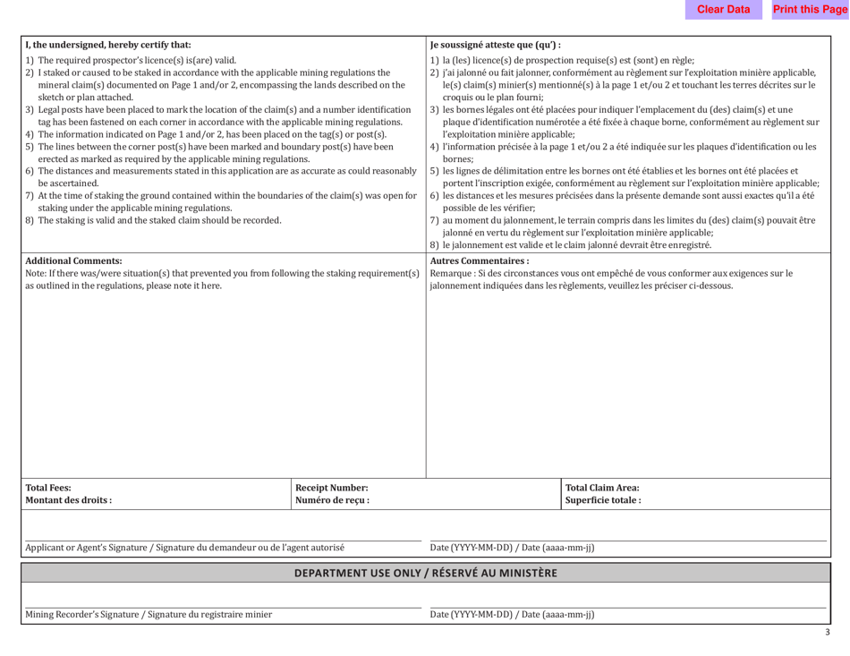 Form NWT8931 Application to Record Mineral Claim(S) - Northwest Territories, Canada (English / French), Page 3