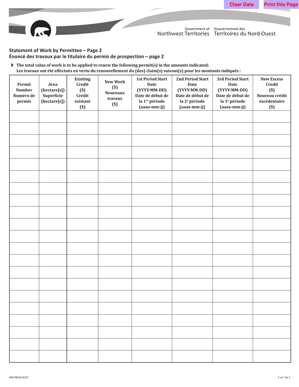 Form NWT8946 Statement of Work by Permittee - Northwest Territories, Canada (English / French), Page 2