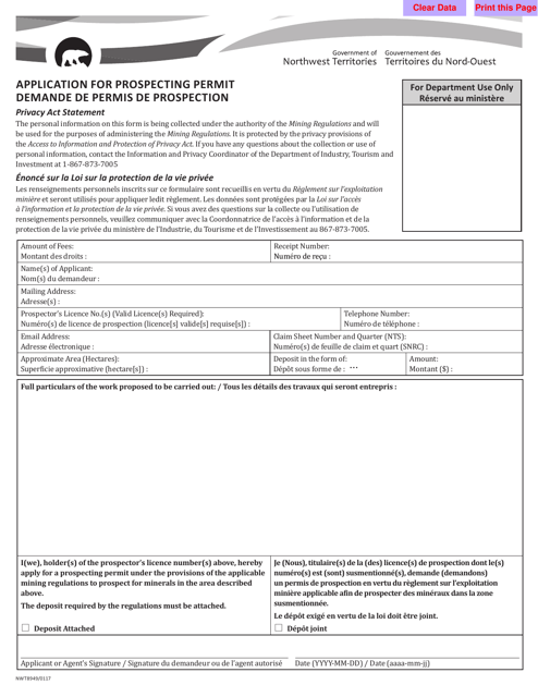 Form NWT8949 Application for Prospecting Permit - Northwest Territories, Canada (English/French)