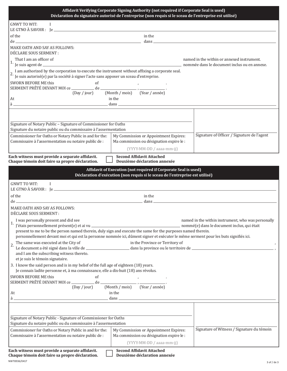 Form NWT8936 Transfer of Mineral Claim - Northwest Territories, Canada (English / French), Page 3