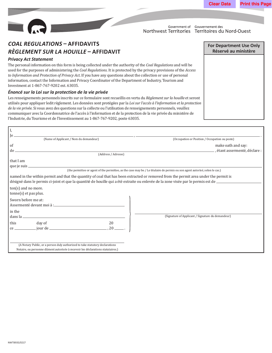 Form 4 (NWT8935) Coal Regulations - Affidavits - Northwest Territories, Canada (English / French), Page 1