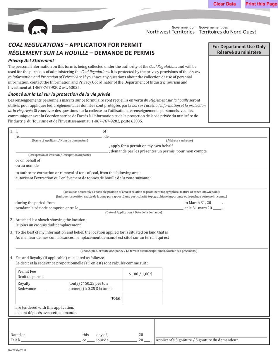 Form 2 (NWT8934) Coal Regulations - Application for Permit - Northwest Territories, Canada, Page 1