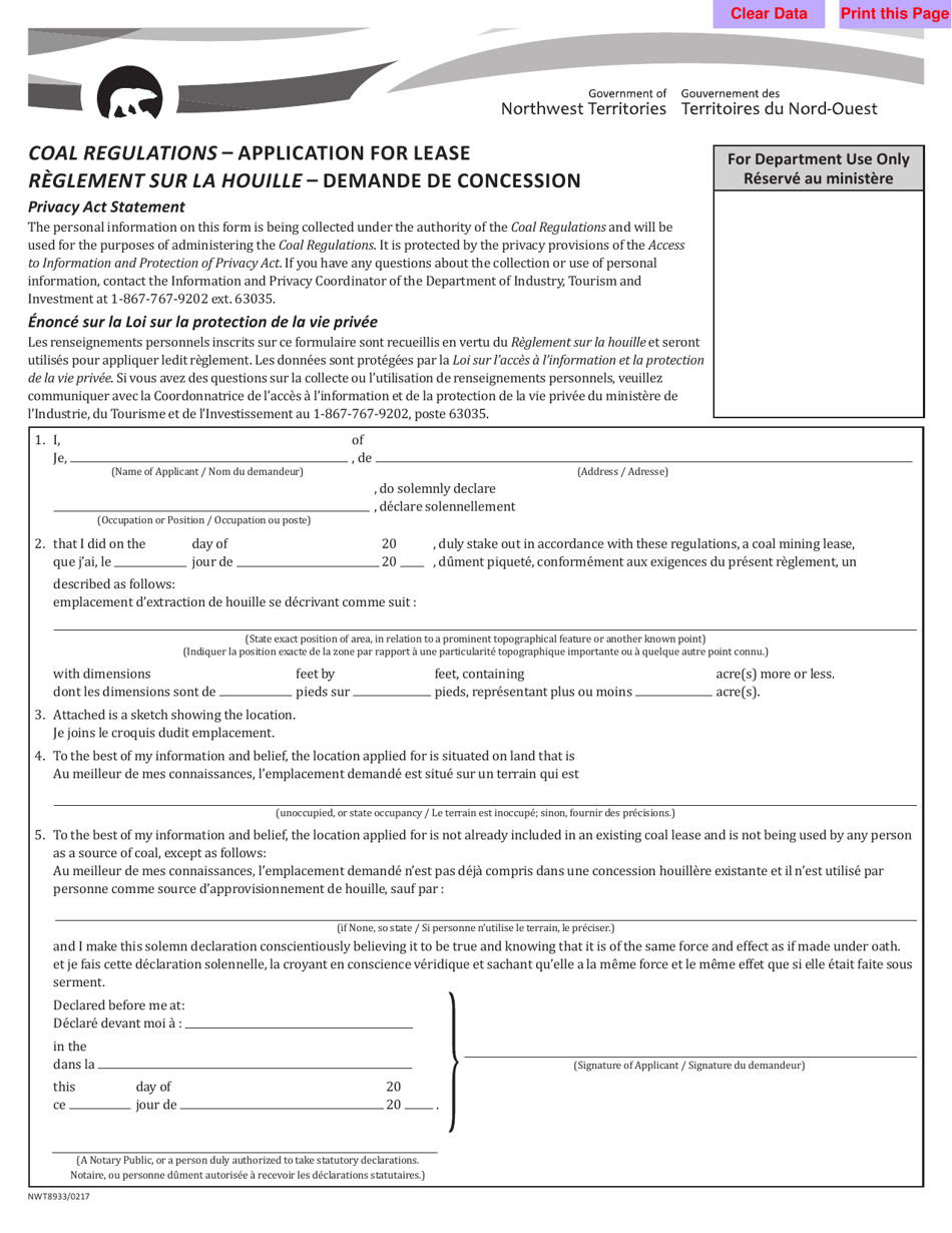 Form 1 (NWT8933) Coal Regulations - Application for Lease - Northwest Territories, Canada (English / French), Page 1