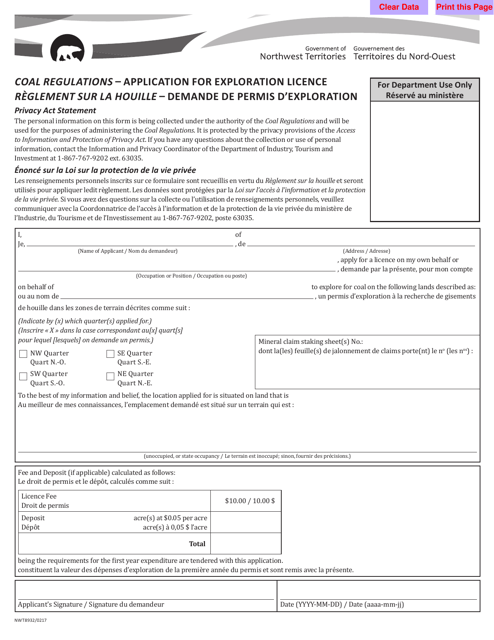 Form 5 (NWT8932) Coal Regulations - Application for Exploration Licence - Northwest Territories, Canada (English/French)