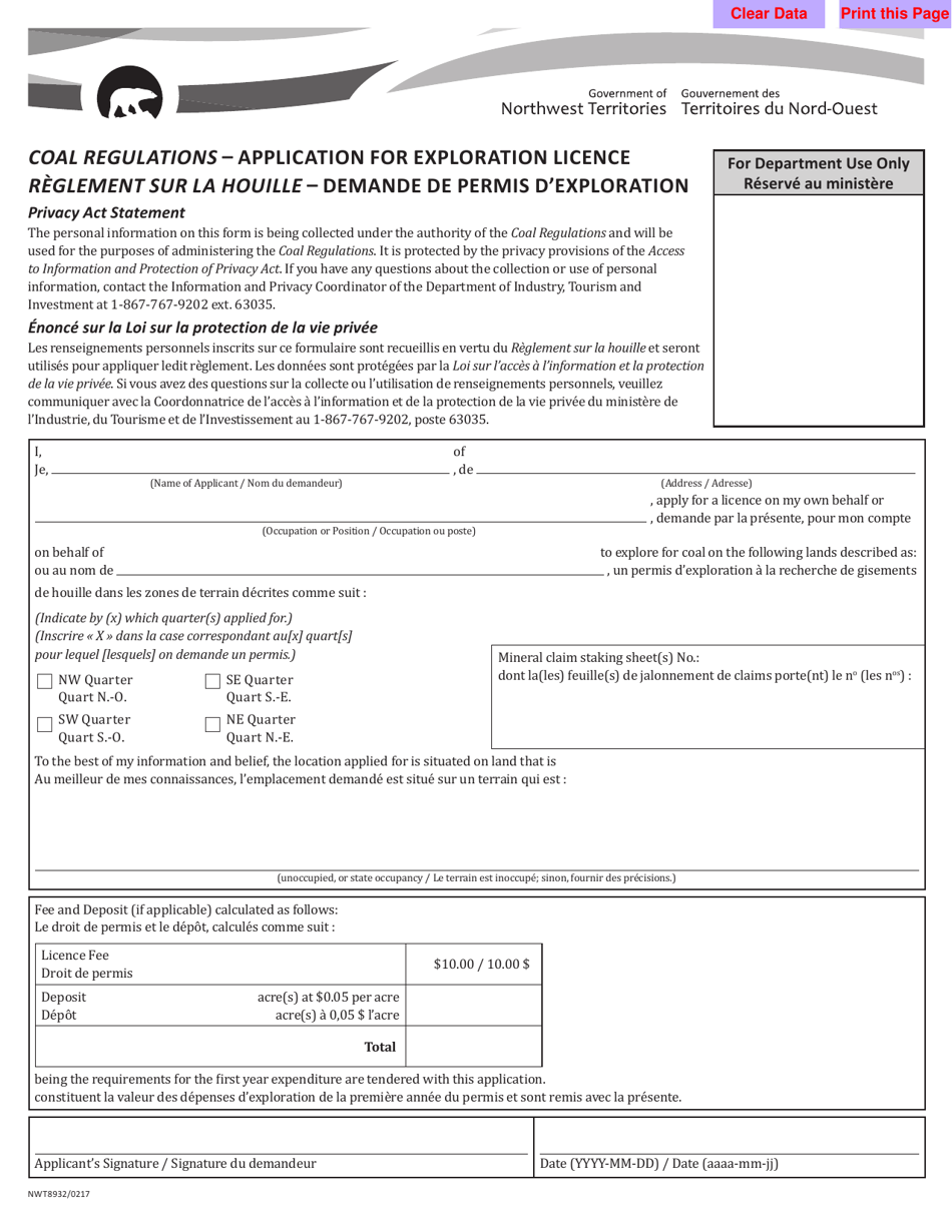 Form 5 (NWT8932) Coal Regulations - Application for Exploration Licence - Northwest Territories, Canada (English / French), Page 1