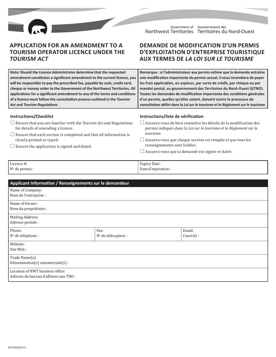 Form NWT8928 Application for an Amendment to a Tourism Operator Licence Under the Tourism Act - Northwest Territories, Canada (English / French), Page 1