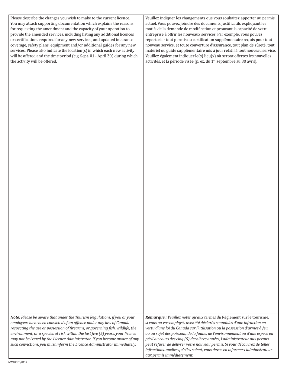 Form NWT8928 Application for an Amendment to a Tourism Operator Licence Under the Tourism Act - Northwest Territories, Canada (English / French), Page 2