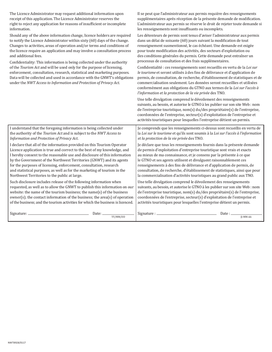 Form NWT8928 Application for an Amendment to a Tourism Operator Licence Under the Tourism Act - Northwest Territories, Canada (English / French), Page 3