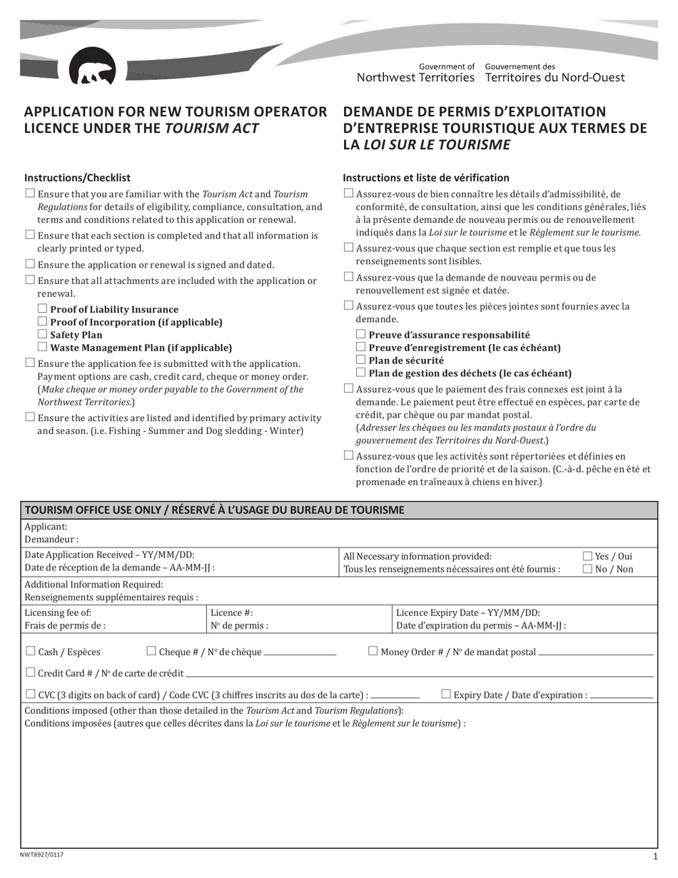 Form NWT8927 Application for New Tourism Operator Licence Under the Tourism Act - Northwest Territories, Canada (English / French), Page 1
