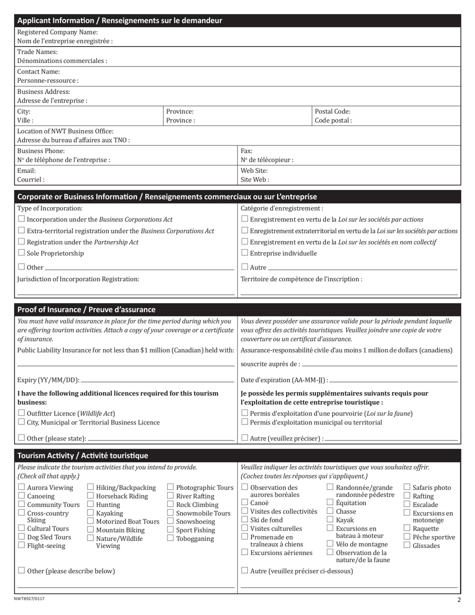 Form NWT8927 Application for New Tourism Operator Licence Under the Tourism Act - Northwest Territories, Canada (English / French), Page 2