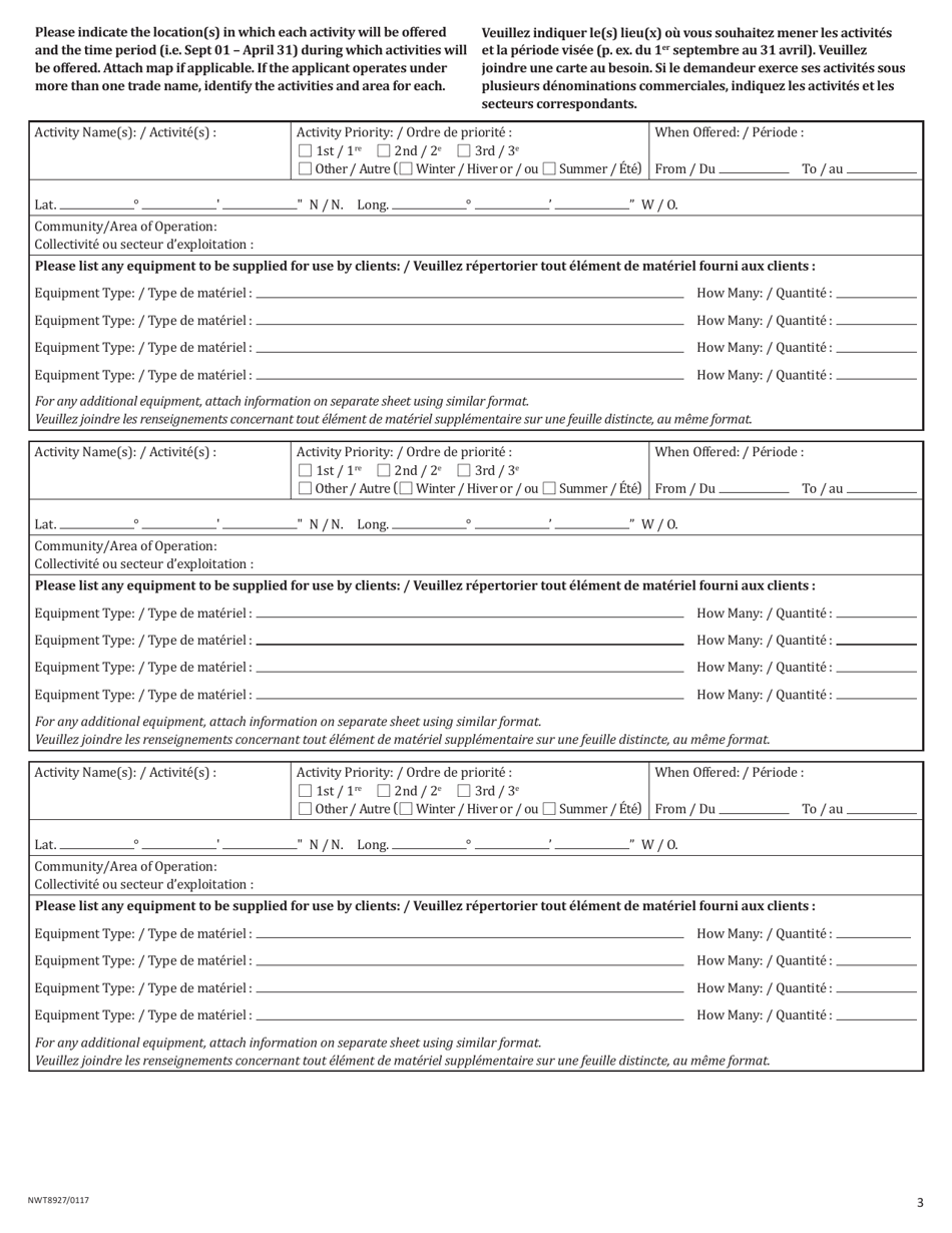 Form NWT8927 Application for New Tourism Operator Licence Under the Tourism Act - Northwest Territories, Canada (English / French), Page 3
