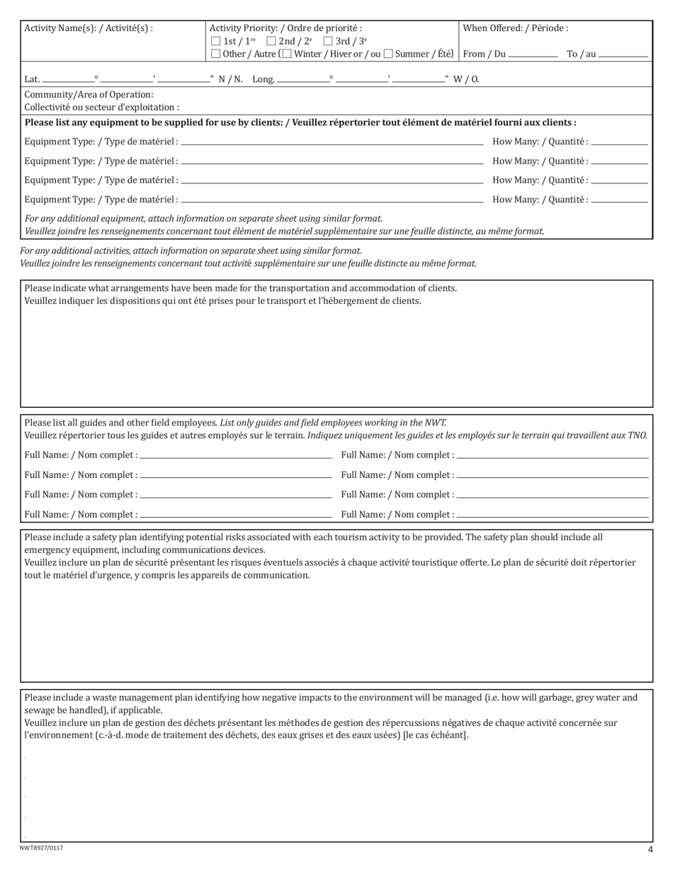 Form NWT8927 Application for New Tourism Operator Licence Under the Tourism Act - Northwest Territories, Canada (English / French), Page 4