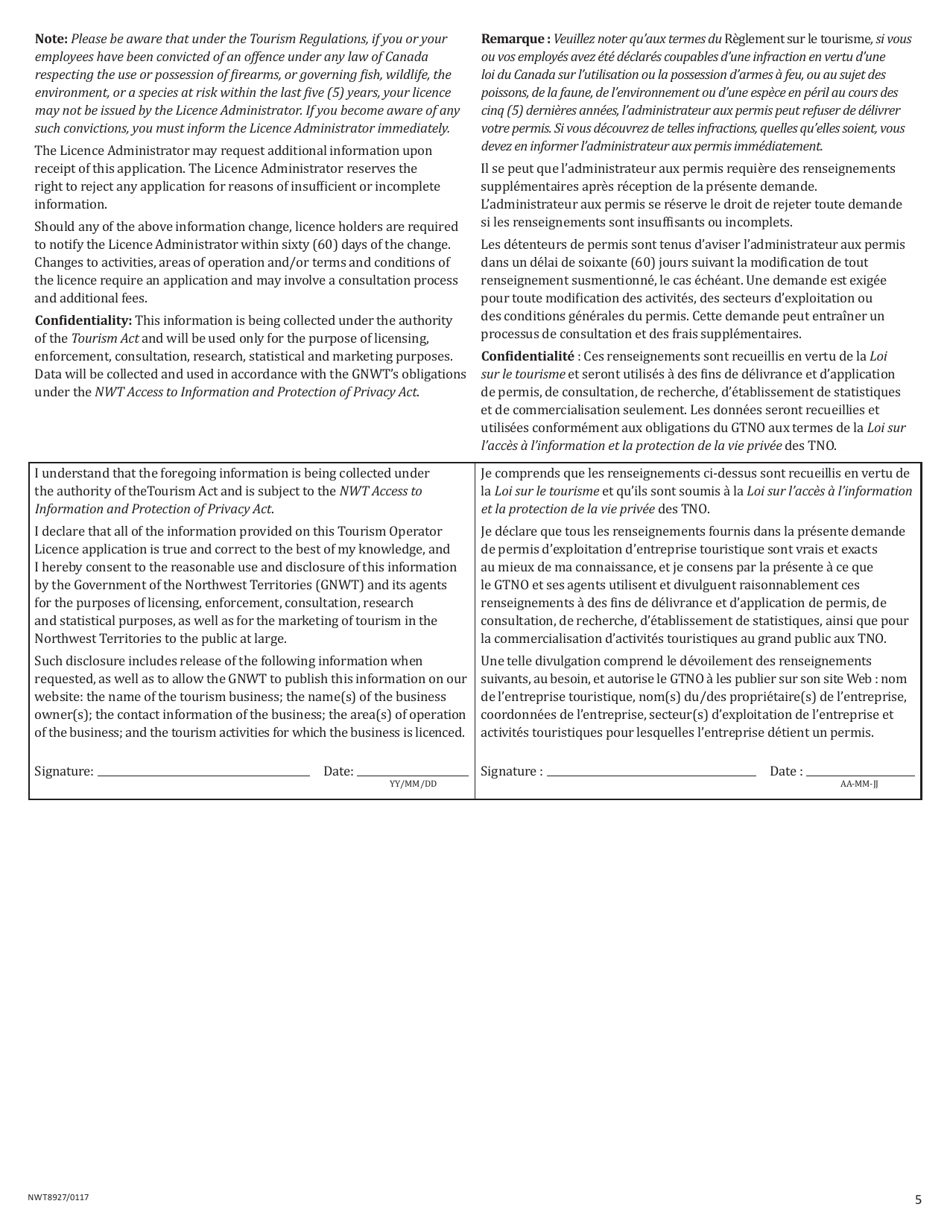 Form NWT8927 Application for New Tourism Operator Licence Under the Tourism Act - Northwest Territories, Canada (English / French), Page 5