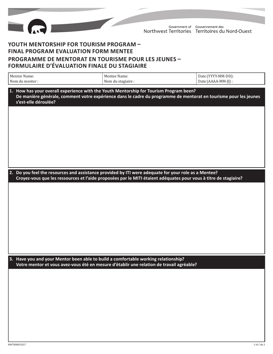 Form NWT8989 Final Program Evaluation Form Mentee - Youth Mentorship for Tourism Program - Northwest Territories, Canada (English / French), Page 1
