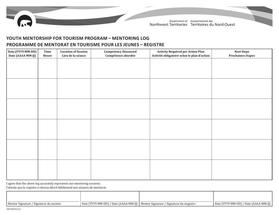 Form NWT8993 Mentoring Log - Youth Mentorship for Tourism Program - Northwest Territories, Canada (English / French), Page 1