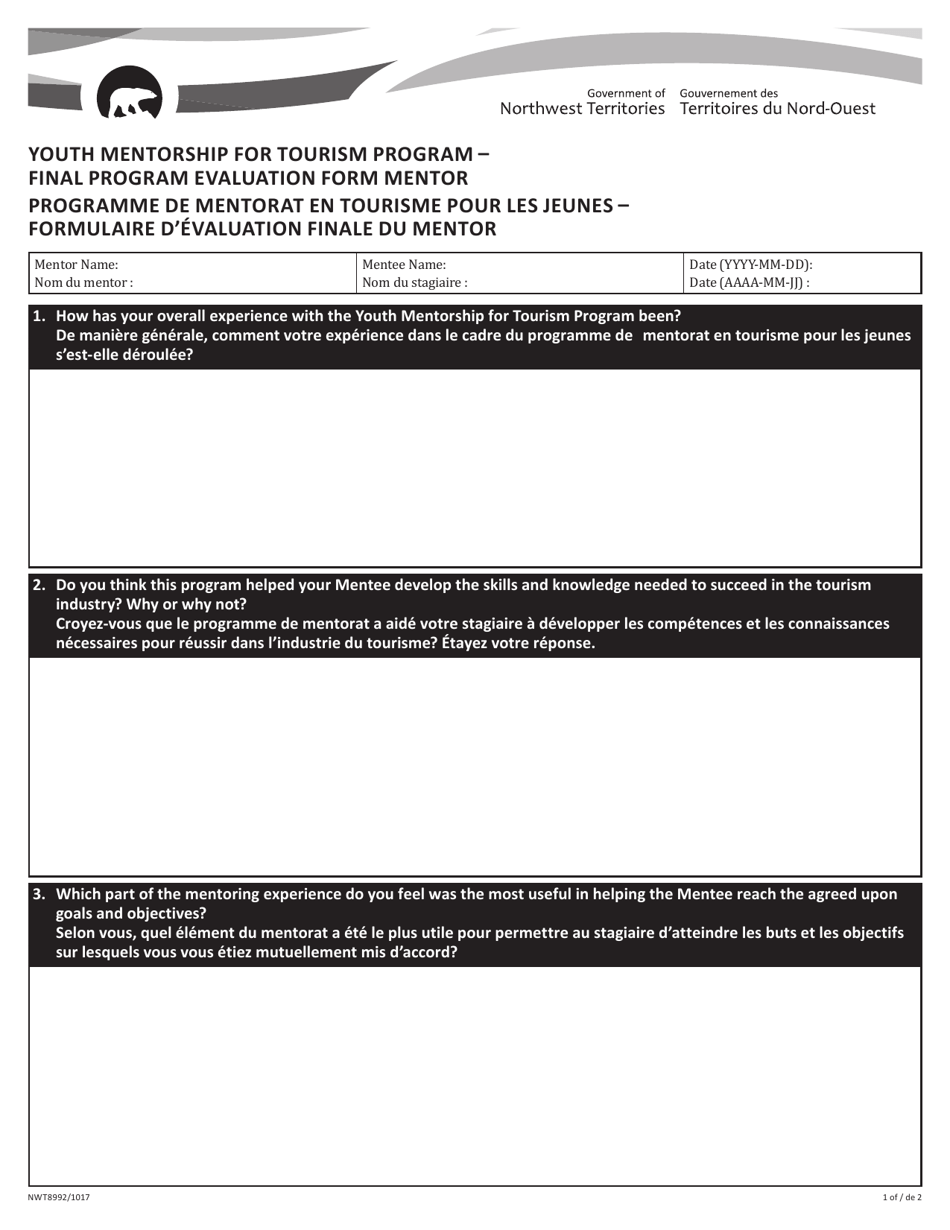 Form NWT8992 Final Program Evaluation Form Mentor - Youth Mentorship for Tourism Program - Northwest Territories, Canada (English / French), Page 1