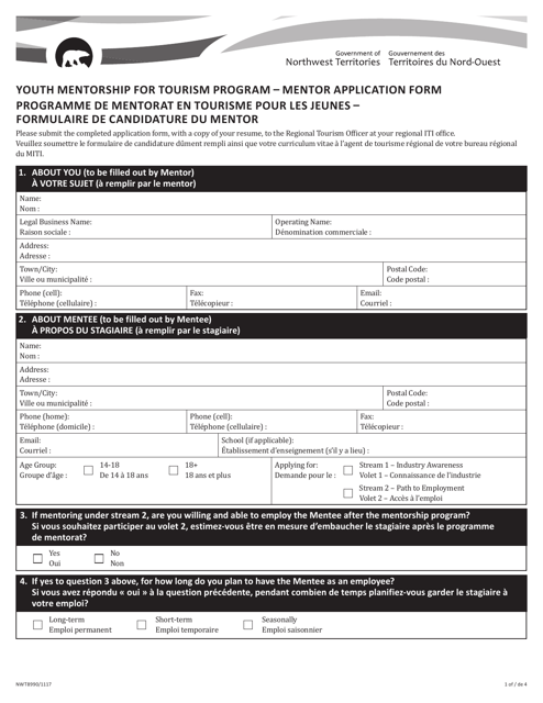 Form NWT8990 Mentor Application Form - Youth Mentorship for Tourism Program - Northwest Territories, Canada (English/French)