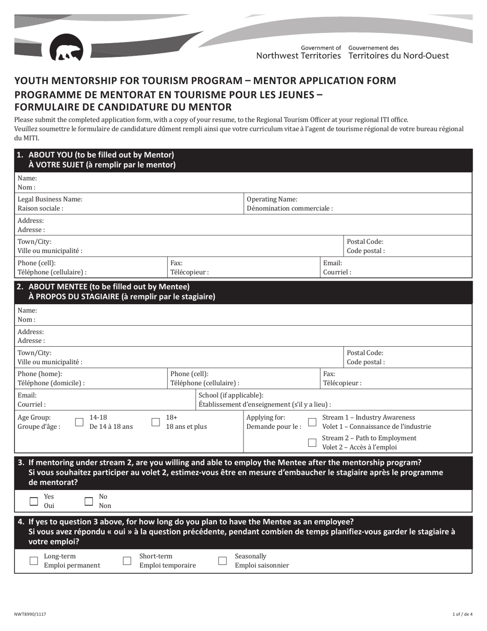 Form NWT8990 Mentor Application Form - Youth Mentorship for Tourism Program - Northwest Territories, Canada (English / French), Page 1