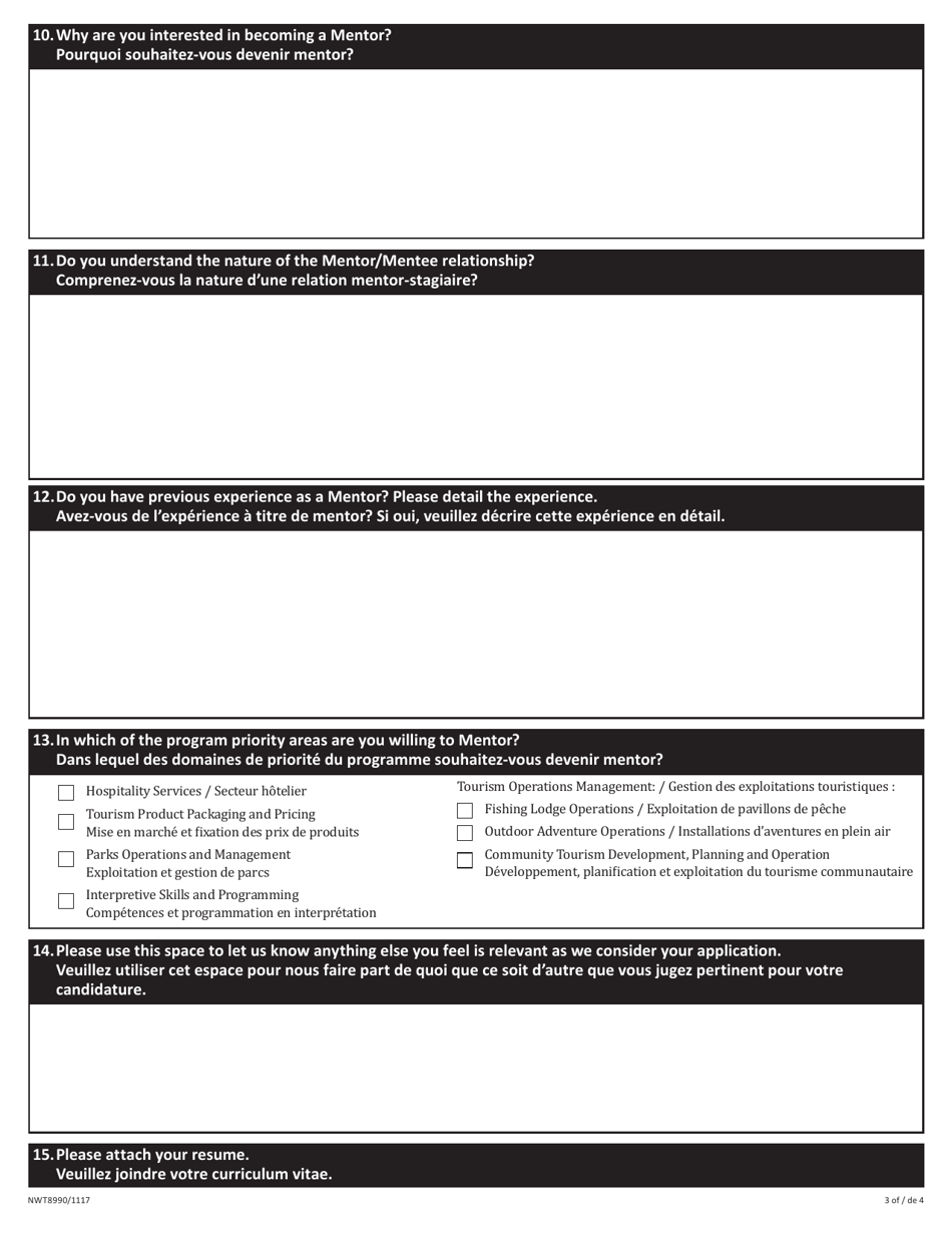 Form NWT8990 Mentor Application Form - Youth Mentorship for Tourism Program - Northwest Territories, Canada (English / French), Page 3